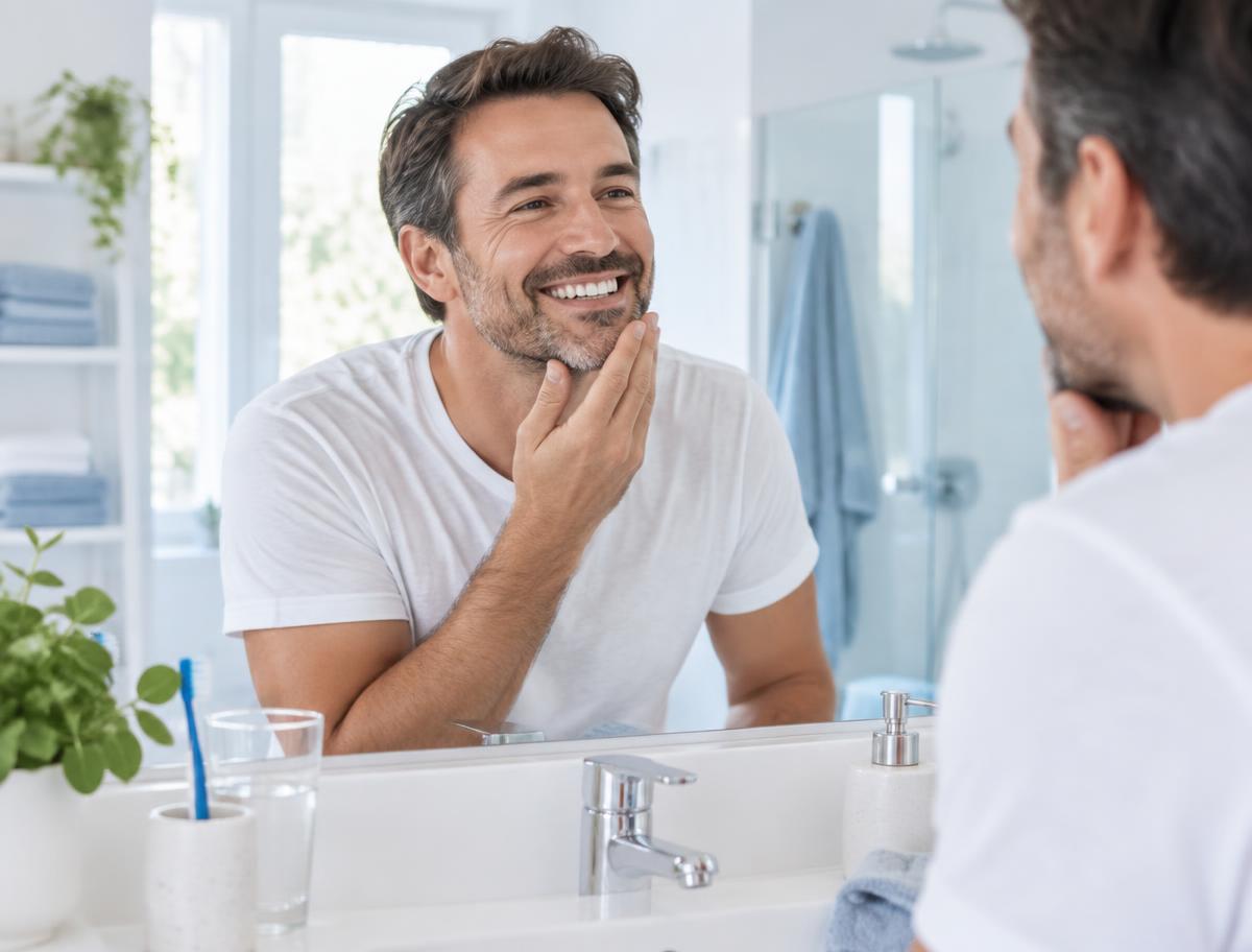 Man smiling in the mirror, happy with his fresh breath and healthy teeth